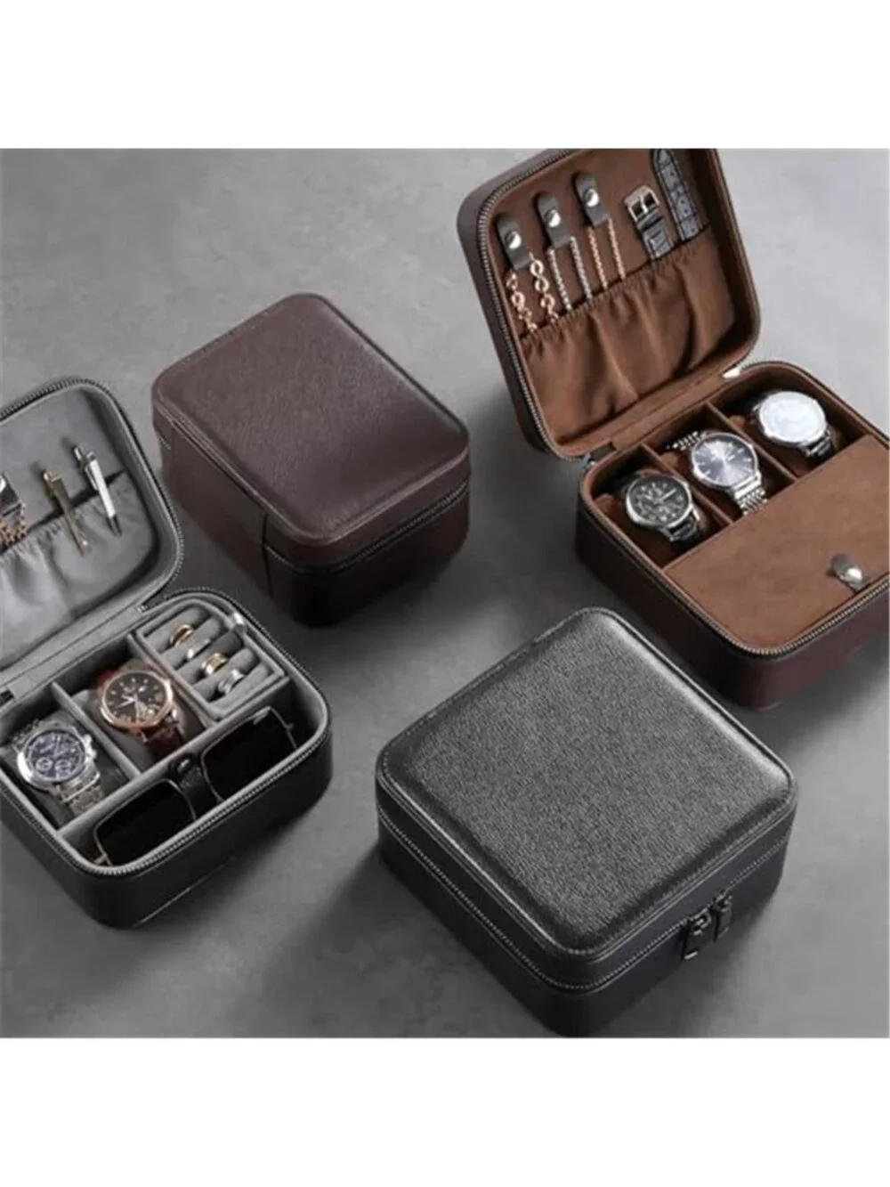 Travel Watch Case, 2 Slots Mens Jewelry Box -Black | PU Leather Storage